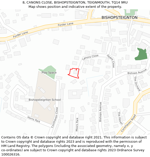 8, CANONS CLOSE, BISHOPSTEIGNTON, TEIGNMOUTH, TQ14 9RU: Location map and indicative extent of plot