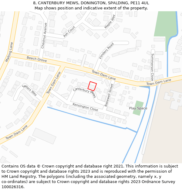 8, CANTERBURY MEWS, DONINGTON, SPALDING, PE11 4UL: Location map and indicative extent of plot