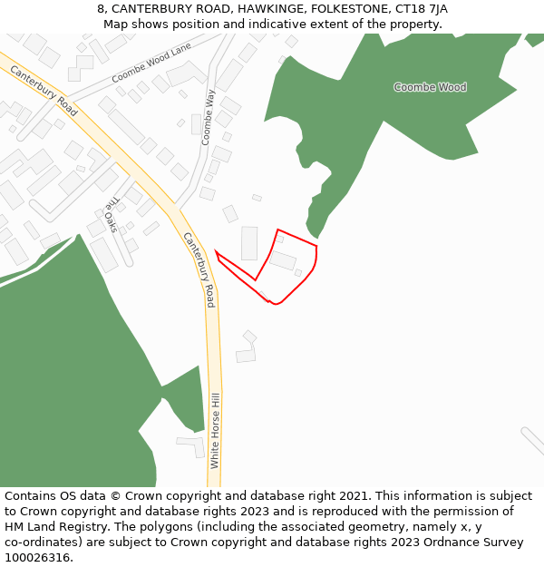 8, CANTERBURY ROAD, HAWKINGE, FOLKESTONE, CT18 7JA: Location map and indicative extent of plot