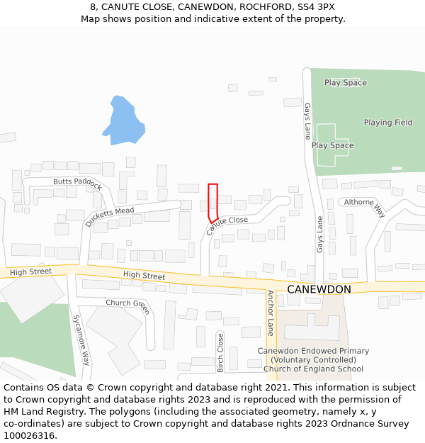 8, CANUTE CLOSE, CANEWDON, ROCHFORD, SS4 3PX: Location map and indicative extent of plot