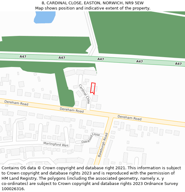 8, CARDINAL CLOSE, EASTON, NORWICH, NR9 5EW: Location map and indicative extent of plot