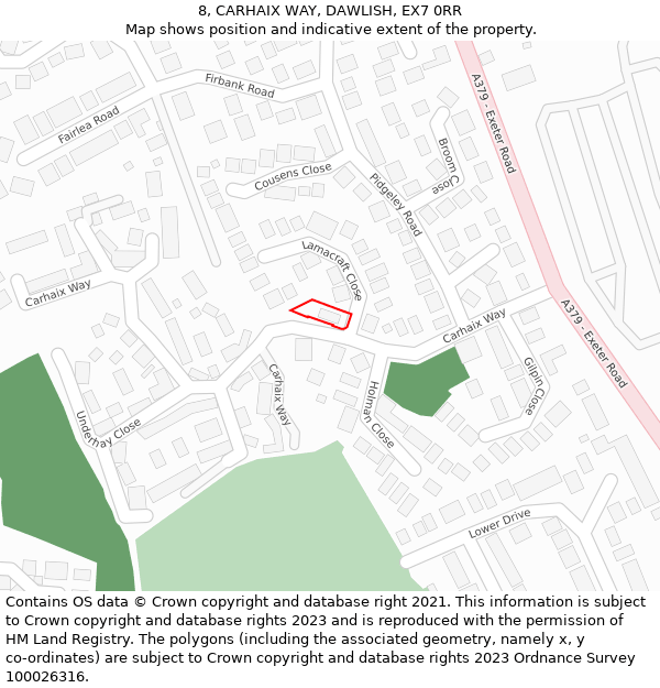 8, CARHAIX WAY, DAWLISH, EX7 0RR: Location map and indicative extent of plot