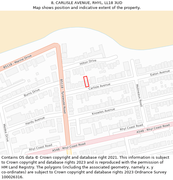 8, CARLISLE AVENUE, RHYL, LL18 3UD: Location map and indicative extent of plot