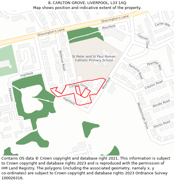 8, CARLTON GROVE, LIVERPOOL, L33 1AQ: Location map and indicative extent of plot