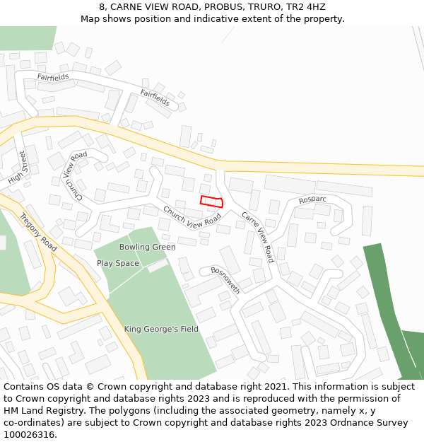 8, CARNE VIEW ROAD, PROBUS, TRURO, TR2 4HZ: Location map and indicative extent of plot