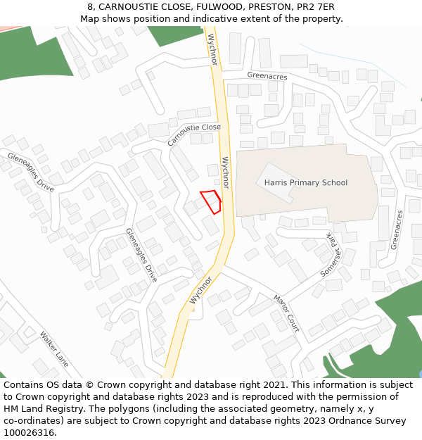 8, CARNOUSTIE CLOSE, FULWOOD, PRESTON, PR2 7ER: Location map and indicative extent of plot