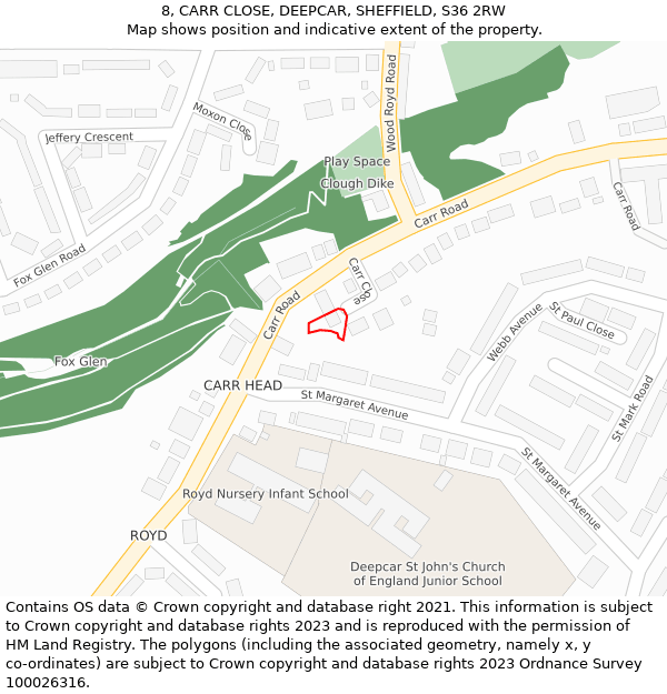 8, CARR CLOSE, DEEPCAR, SHEFFIELD, S36 2RW: Location map and indicative extent of plot