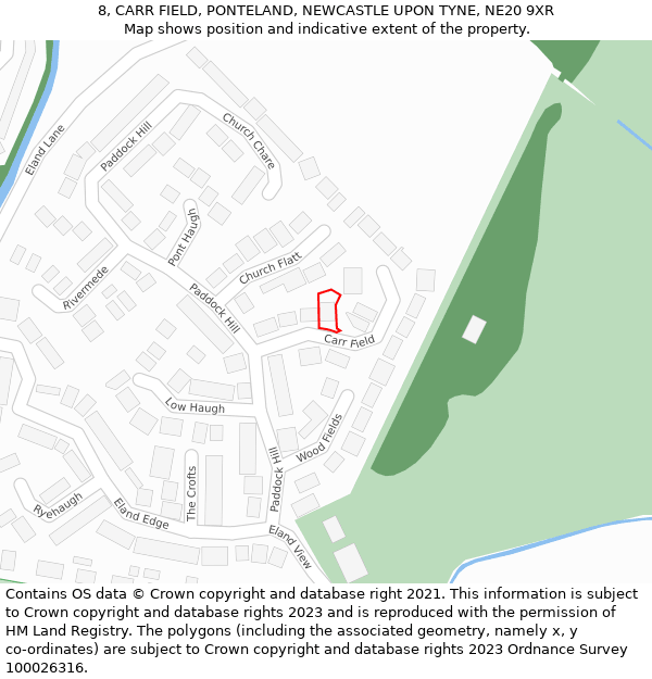 8, CARR FIELD, PONTELAND, NEWCASTLE UPON TYNE, NE20 9XR: Location map and indicative extent of plot