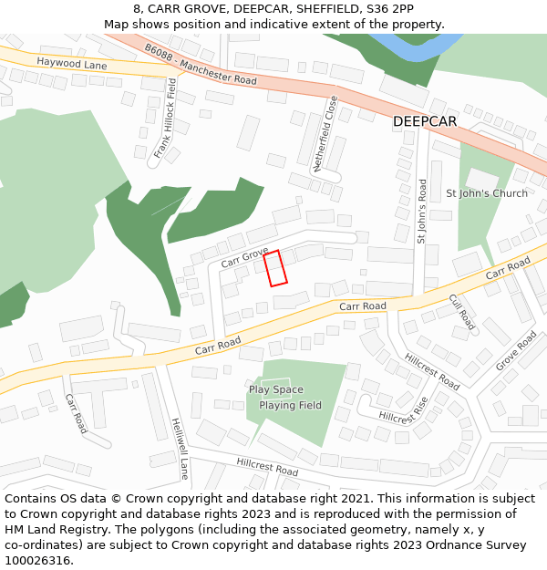 8, CARR GROVE, DEEPCAR, SHEFFIELD, S36 2PP: Location map and indicative extent of plot