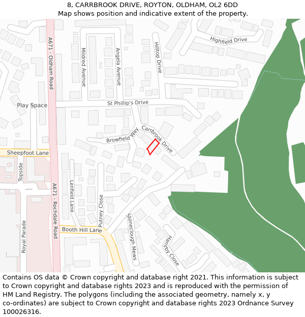 8, CARRBROOK DRIVE, ROYTON, OLDHAM, OL2 6DD: Location map and indicative extent of plot