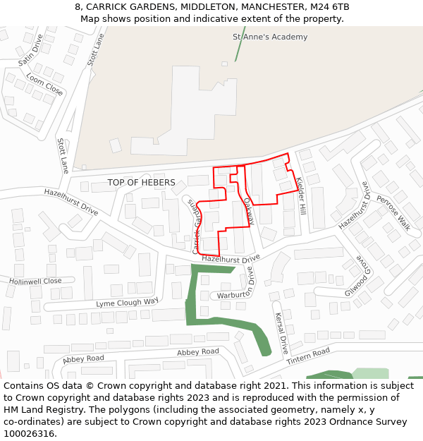 8, CARRICK GARDENS, MIDDLETON, MANCHESTER, M24 6TB: Location map and indicative extent of plot