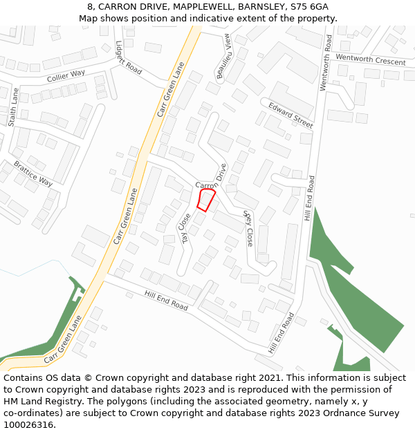 8, CARRON DRIVE, MAPPLEWELL, BARNSLEY, S75 6GA: Location map and indicative extent of plot