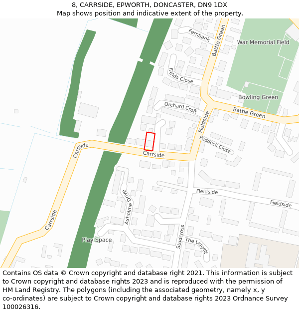 8, CARRSIDE, EPWORTH, DONCASTER, DN9 1DX: Location map and indicative extent of plot