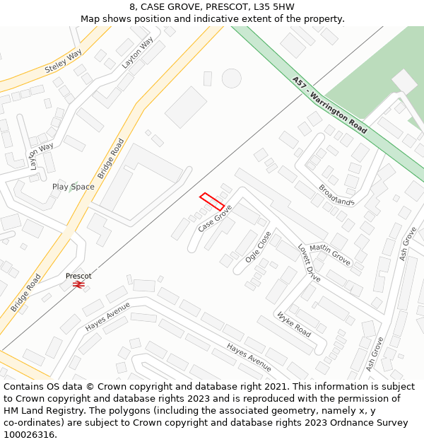 8, CASE GROVE, PRESCOT, L35 5HW: Location map and indicative extent of plot