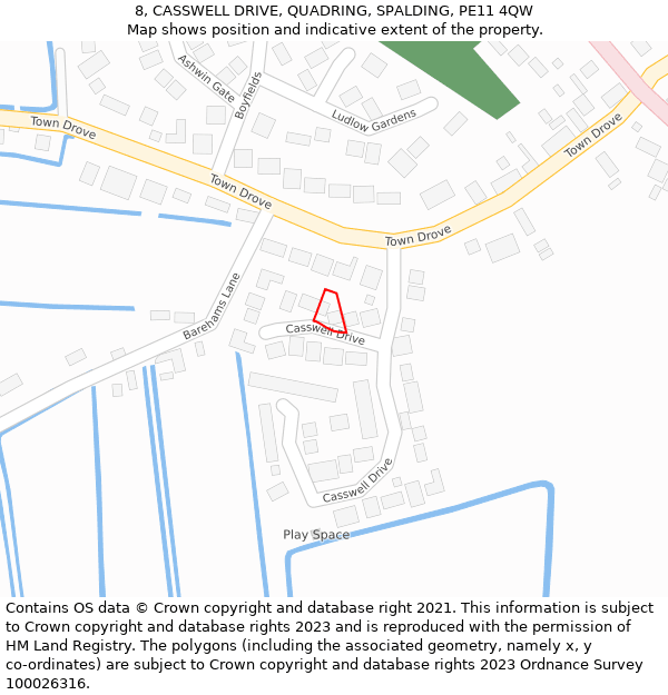 8, CASSWELL DRIVE, QUADRING, SPALDING, PE11 4QW: Location map and indicative extent of plot