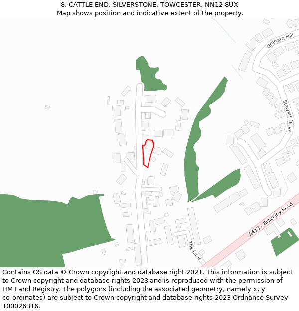 8, CATTLE END, SILVERSTONE, TOWCESTER, NN12 8UX: Location map and indicative extent of plot