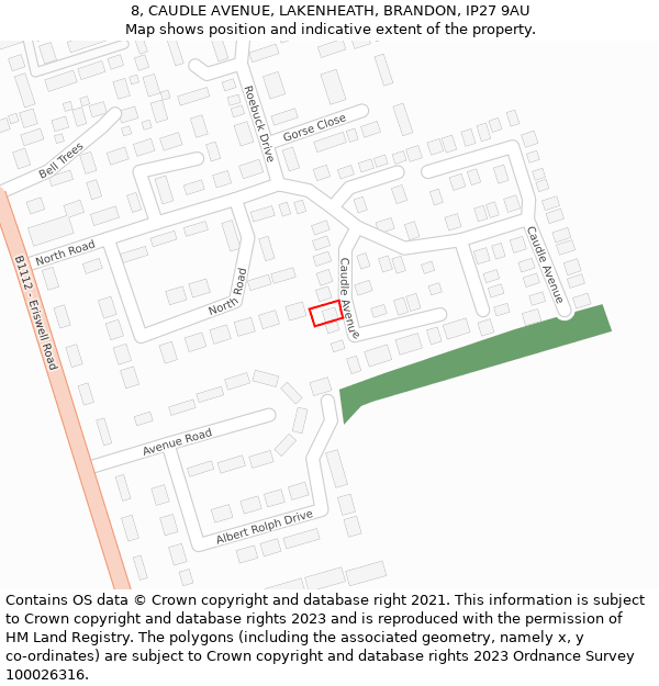 8, CAUDLE AVENUE, LAKENHEATH, BRANDON, IP27 9AU: Location map and indicative extent of plot