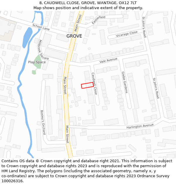 8, CAUDWELL CLOSE, GROVE, WANTAGE, OX12 7LT: Location map and indicative extent of plot