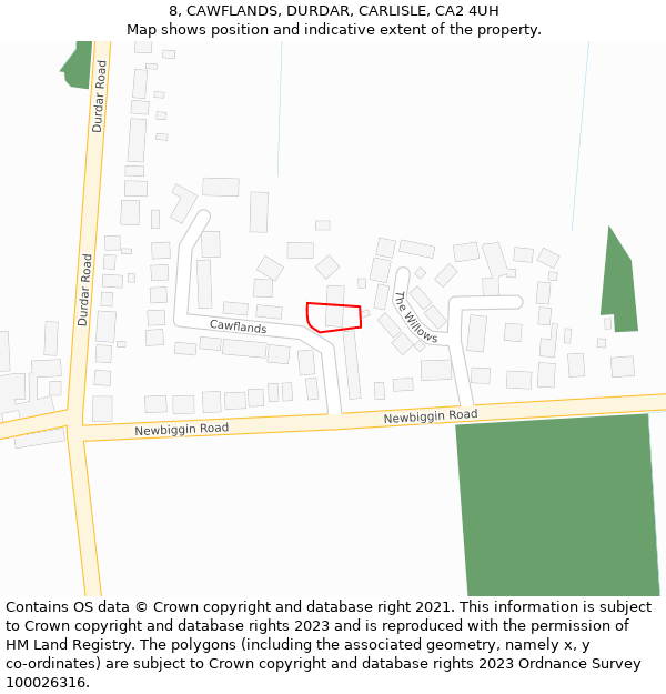 8, CAWFLANDS, DURDAR, CARLISLE, CA2 4UH: Location map and indicative extent of plot