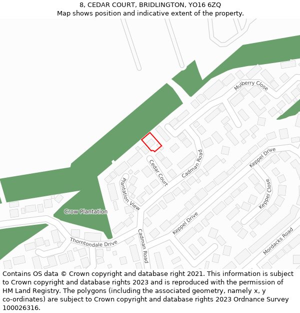 8, CEDAR COURT, BRIDLINGTON, YO16 6ZQ: Location map and indicative extent of plot