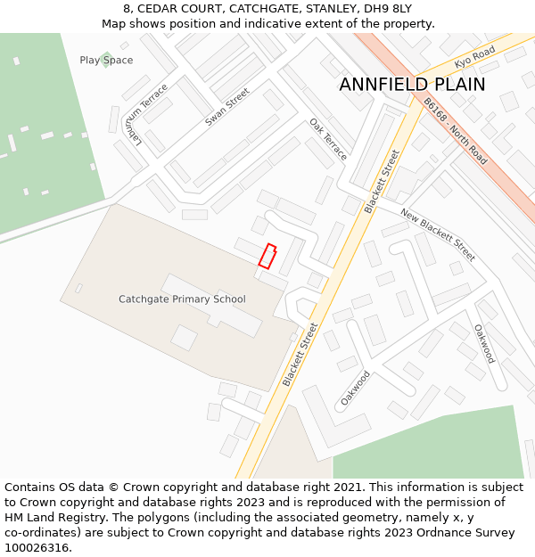 8, CEDAR COURT, CATCHGATE, STANLEY, DH9 8LY: Location map and indicative extent of plot