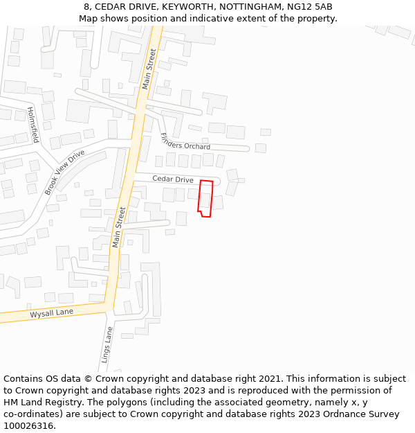 8, CEDAR DRIVE, KEYWORTH, NOTTINGHAM, NG12 5AB: Location map and indicative extent of plot