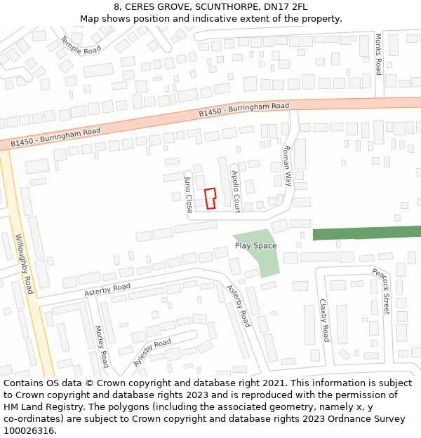 8, CERES GROVE, SCUNTHORPE, DN17 2FL: Location map and indicative extent of plot