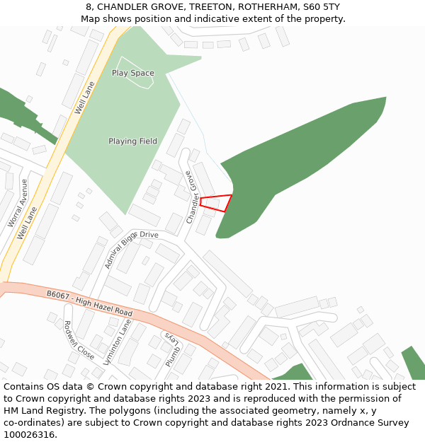 8, CHANDLER GROVE, TREETON, ROTHERHAM, S60 5TY: Location map and indicative extent of plot