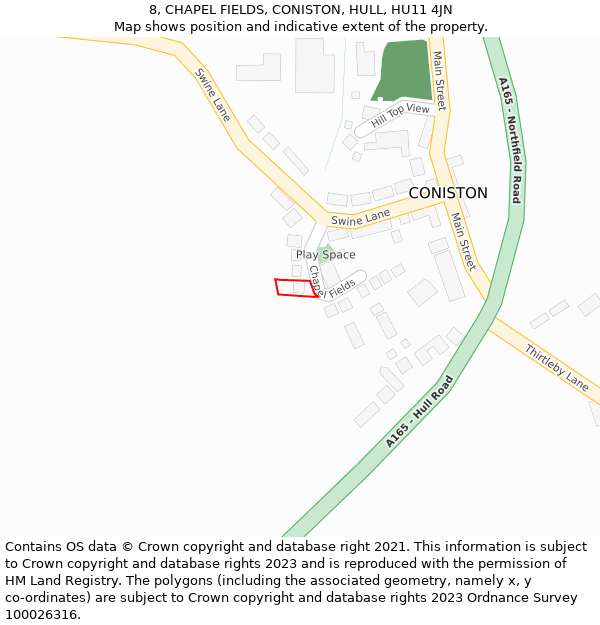 8, CHAPEL FIELDS, CONISTON, HULL, HU11 4JN: Location map and indicative extent of plot