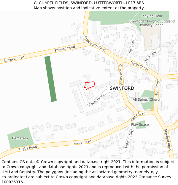 8, CHAPEL FIELDS, SWINFORD, LUTTERWORTH, LE17 6BS: Location map and indicative extent of plot