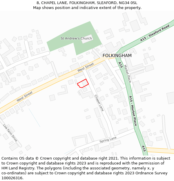 8, CHAPEL LANE, FOLKINGHAM, SLEAFORD, NG34 0SL: Location map and indicative extent of plot