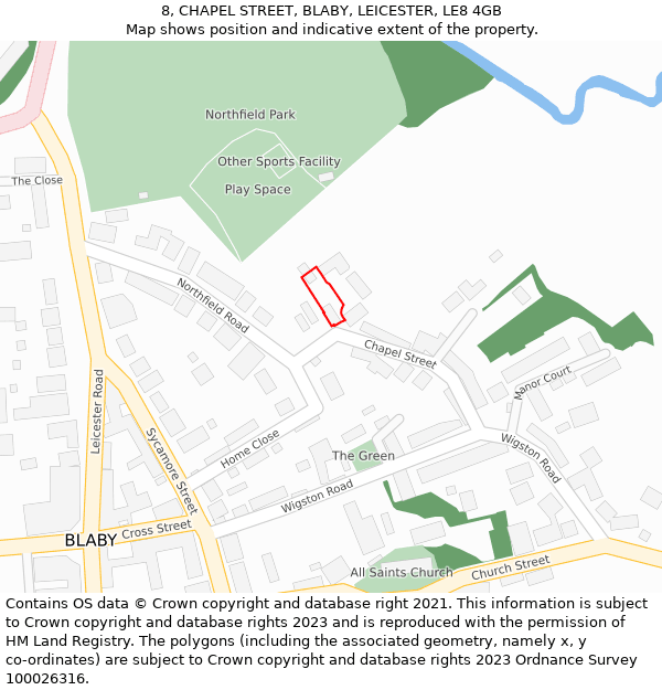 8, CHAPEL STREET, BLABY, LEICESTER, LE8 4GB: Location map and indicative extent of plot