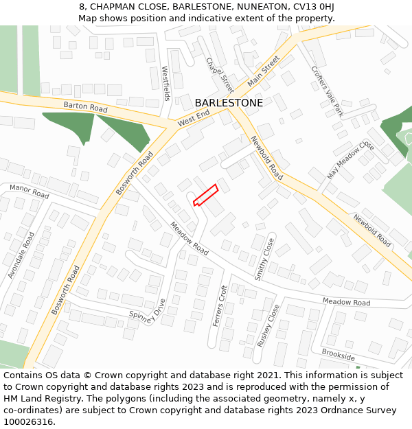 8, CHAPMAN CLOSE, BARLESTONE, NUNEATON, CV13 0HJ: Location map and indicative extent of plot