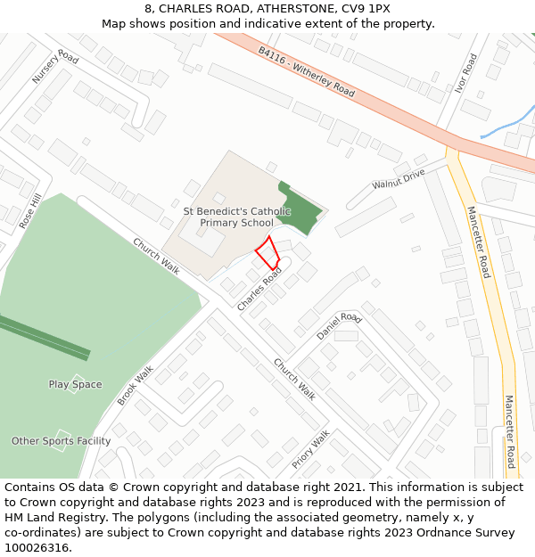8, CHARLES ROAD, ATHERSTONE, CV9 1PX: Location map and indicative extent of plot