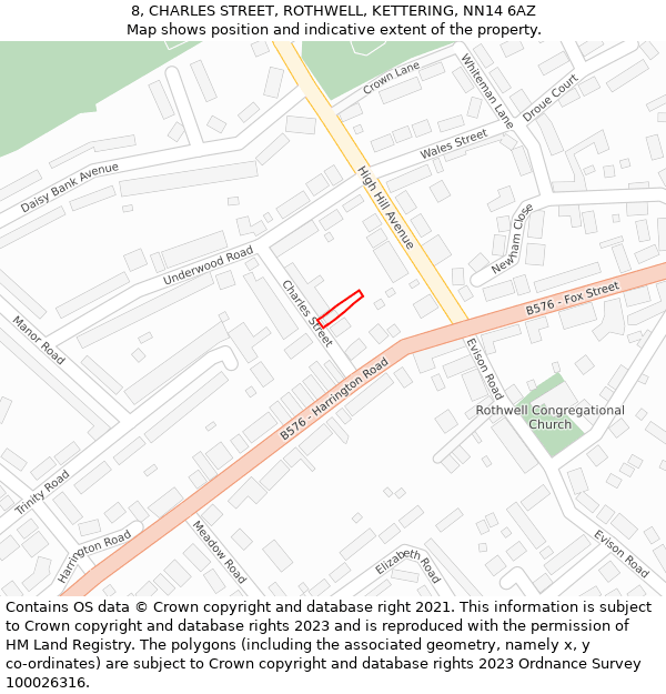 8, CHARLES STREET, ROTHWELL, KETTERING, NN14 6AZ: Location map and indicative extent of plot