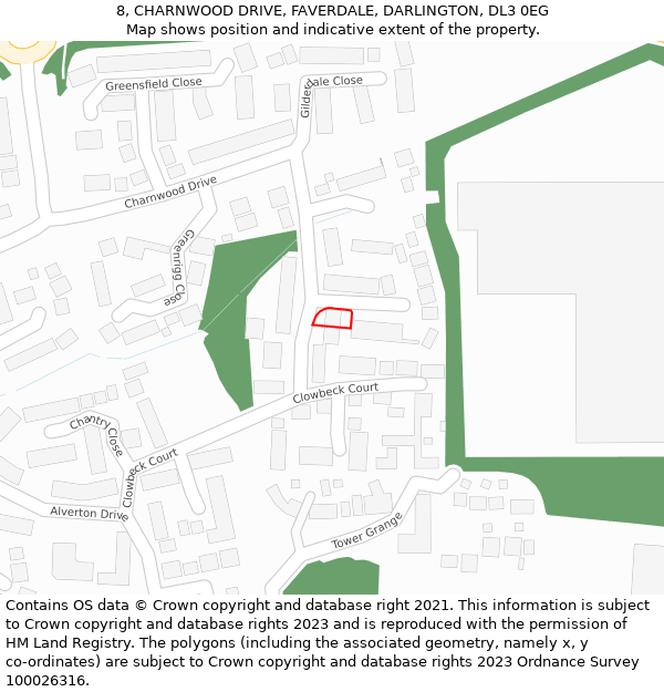 8, CHARNWOOD DRIVE, FAVERDALE, DARLINGTON, DL3 0EG: Location map and indicative extent of plot