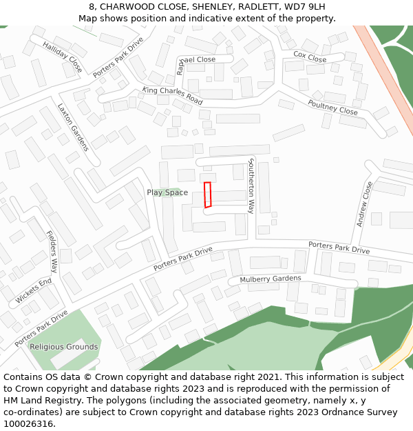 8, CHARWOOD CLOSE, SHENLEY, RADLETT, WD7 9LH: Location map and indicative extent of plot