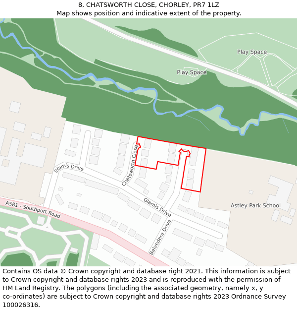 8, CHATSWORTH CLOSE, CHORLEY, PR7 1LZ: Location map and indicative extent of plot