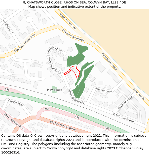 8, CHATSWORTH CLOSE, RHOS ON SEA, COLWYN BAY, LL28 4DE: Location map and indicative extent of plot