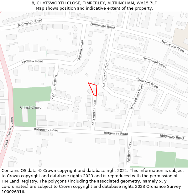 8, CHATSWORTH CLOSE, TIMPERLEY, ALTRINCHAM, WA15 7LF: Location map and indicative extent of plot