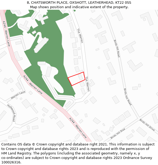 8, CHATSWORTH PLACE, OXSHOTT, LEATHERHEAD, KT22 0SS: Location map and indicative extent of plot