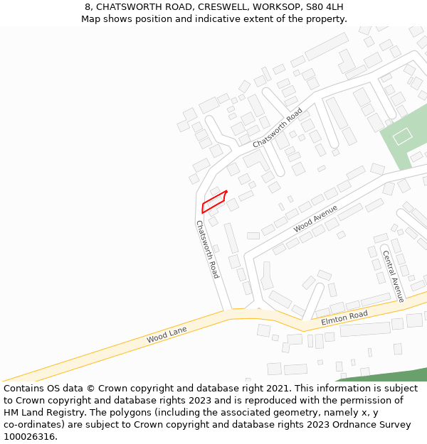 8, CHATSWORTH ROAD, CRESWELL, WORKSOP, S80 4LH: Location map and indicative extent of plot