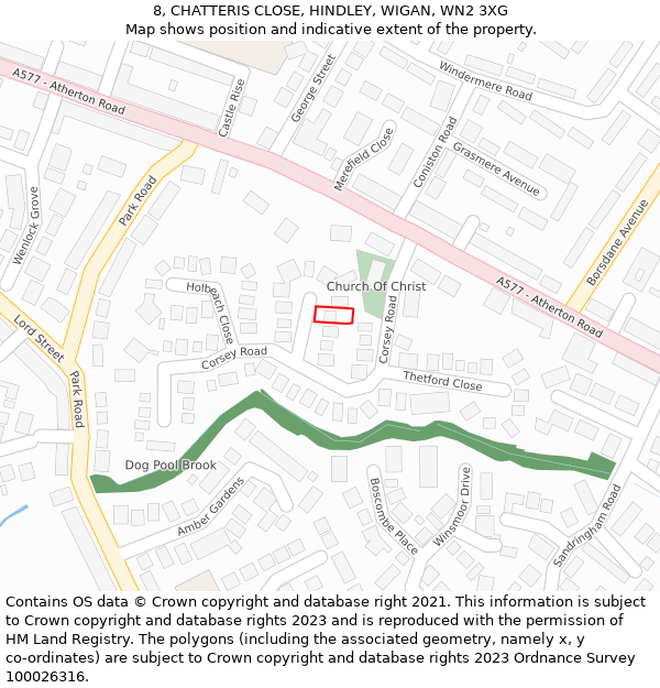 8, CHATTERIS CLOSE, HINDLEY, WIGAN, WN2 3XG: Location map and indicative extent of plot