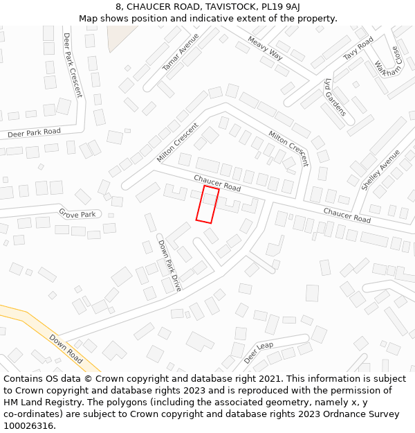 8, CHAUCER ROAD, TAVISTOCK, PL19 9AJ: Location map and indicative extent of plot