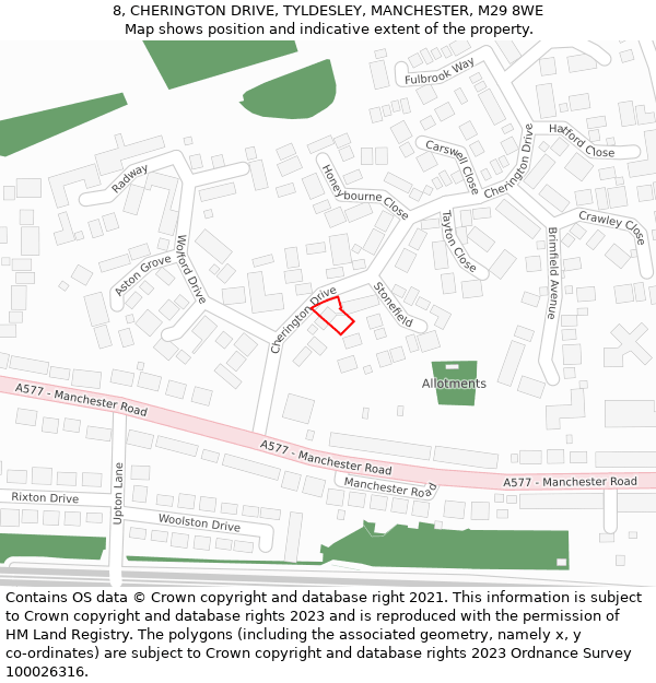 8, CHERINGTON DRIVE, TYLDESLEY, MANCHESTER, M29 8WE: Location map and indicative extent of plot