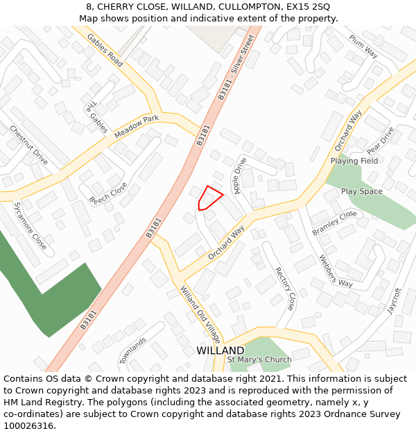 8, CHERRY CLOSE, WILLAND, CULLOMPTON, EX15 2SQ: Location map and indicative extent of plot