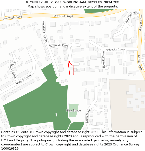 8, CHERRY HILL CLOSE, WORLINGHAM, BECCLES, NR34 7EG: Location map and indicative extent of plot