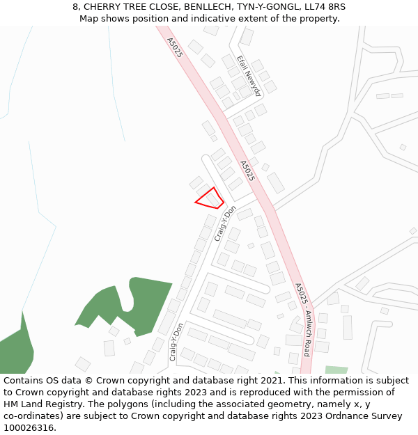 8, CHERRY TREE CLOSE, BENLLECH, TYN-Y-GONGL, LL74 8RS: Location map and indicative extent of plot