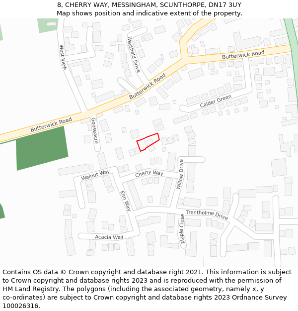 8, CHERRY WAY, MESSINGHAM, SCUNTHORPE, DN17 3UY: Location map and indicative extent of plot
