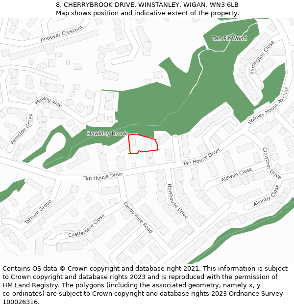 8, CHERRYBROOK DRIVE, WINSTANLEY, WIGAN, WN3 6LB: Location map and indicative extent of plot